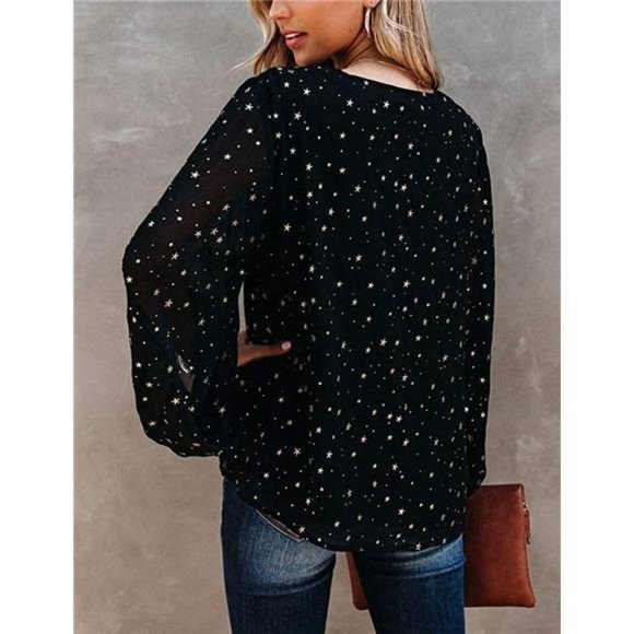 Womens V Neck Chiffon Blouses Casual Balloon Sleeve Floral Print Shirts Tops - Picture 3 of 10